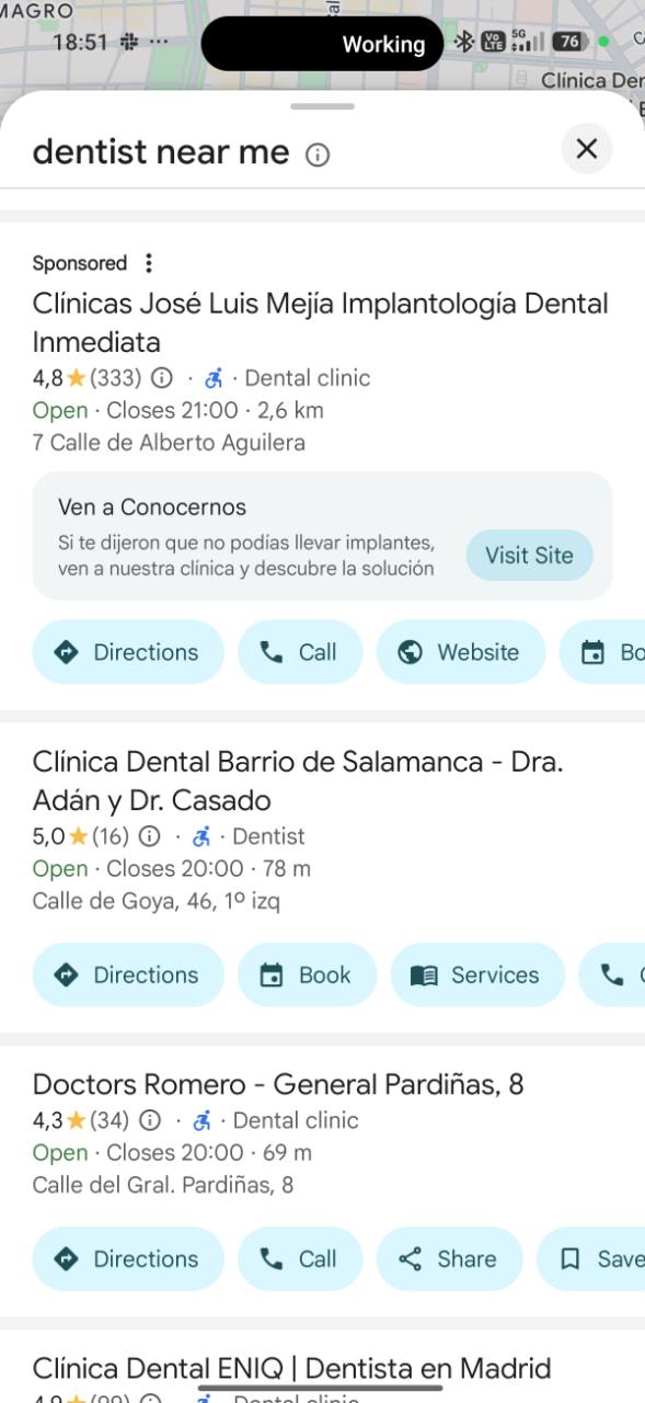 Scrolled Google Maps results for dentist near me showing unsponsored local dental listings in Madrid below a sponsored result
