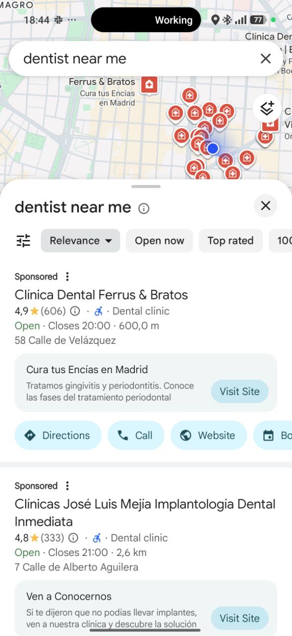 Top of a Google Maps search for dentist near me in Madrid, with the map and sponsored dental listings