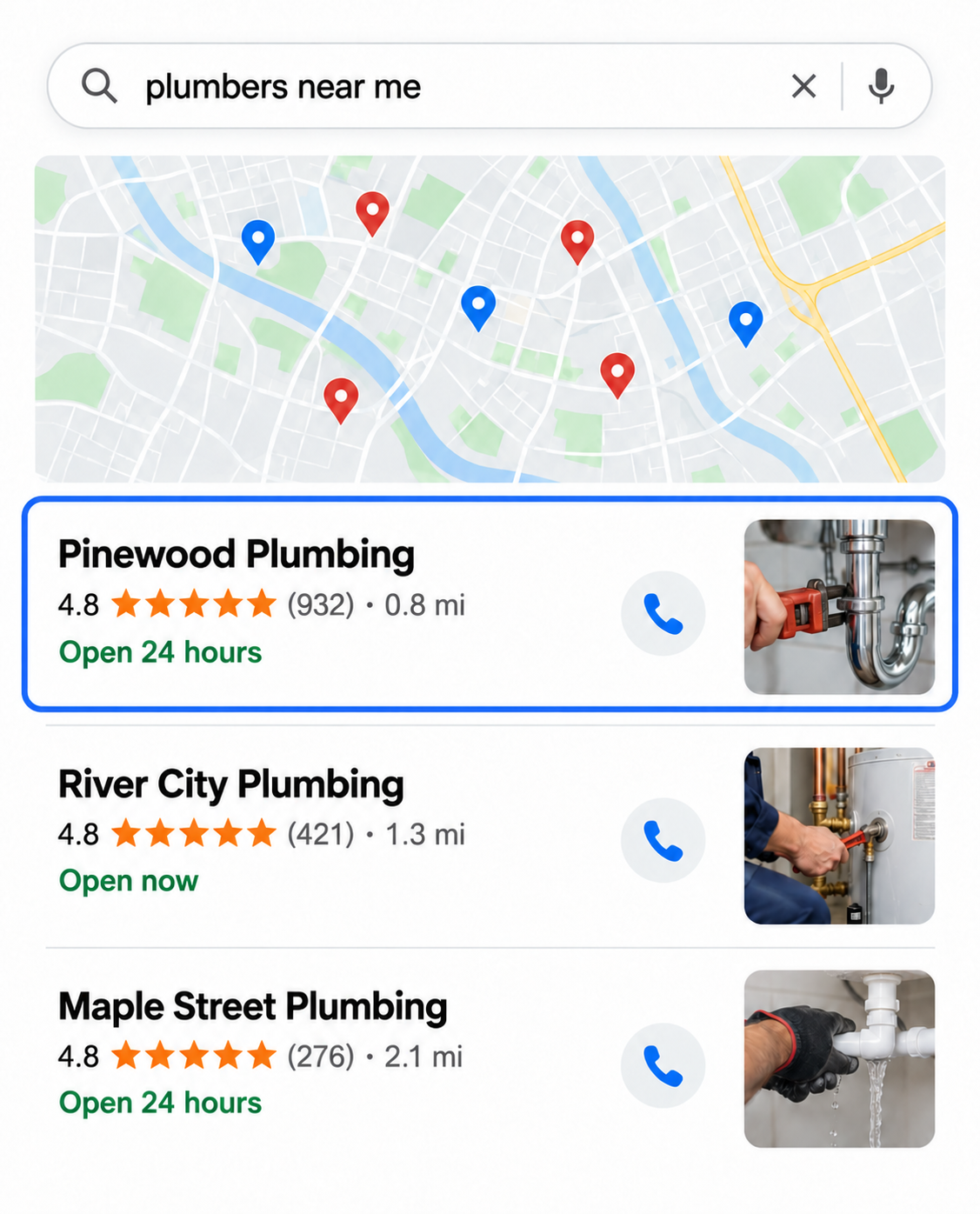 Illustrated local search results for “plumbers near me” with a map pack, ratings, distances, and highlighted top listing
